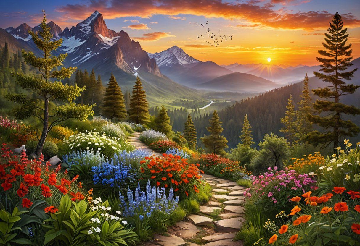 A serene landscape with a vibrant sunrise over a mountain range, symbolizing hope and new beginnings. A winding path leads through lush greenery filled with blooming flowers, representing joy and innovation. Incorporate uplifting elements like butterflies and birds in flight, suggesting freedom and delight. Use warm, inviting colors to evoke happiness and positivity. super-realistic. vibrant colors. tranquil atmosphere.