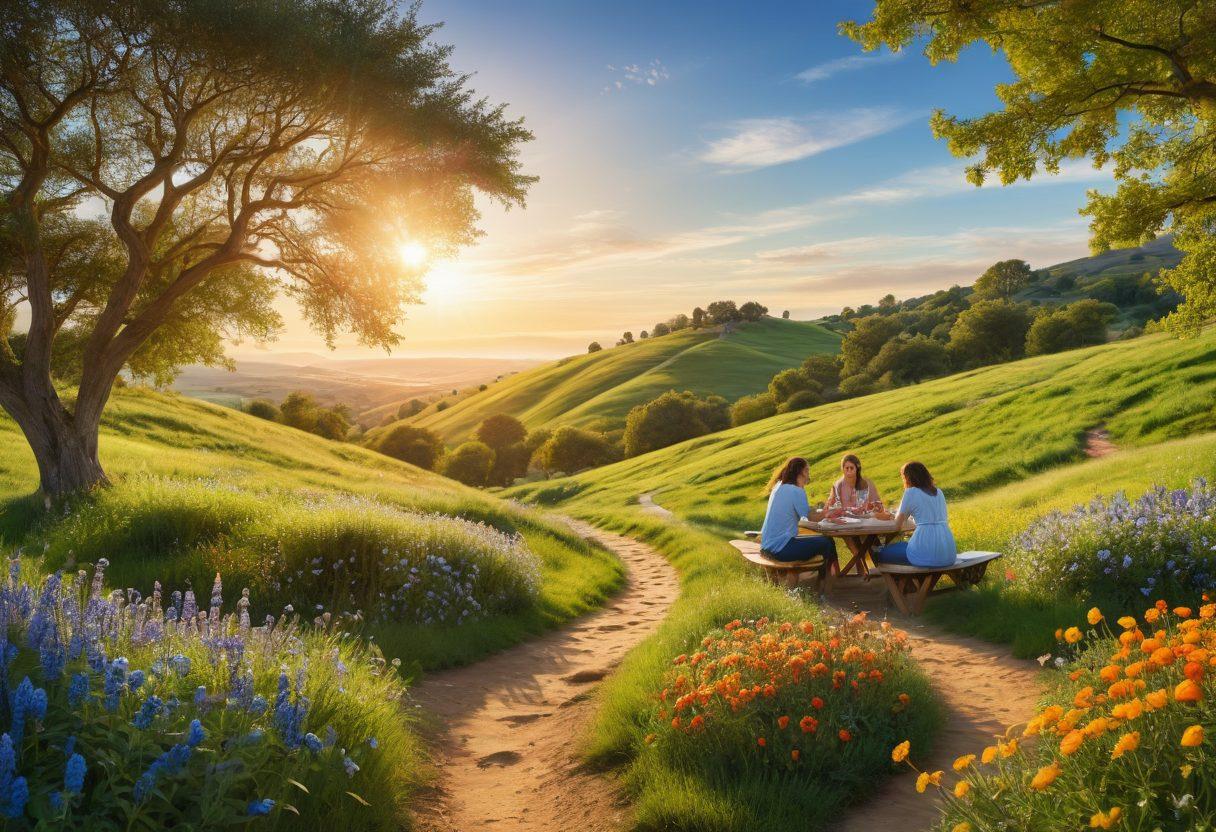 A diverse group of people engaging in joyful activities outdoors, surrounded by nature, with smiles that radiate positivity and well-being. Include elements like a sun shining brightly in a clear blue sky, blooming flowers, and peaceful scenery that evoke a sense of community and happiness. Add symbols of connection, like intertwined hands or a heart-shaped path leading through the landscape. super-realistic. vibrant colors. bright background.