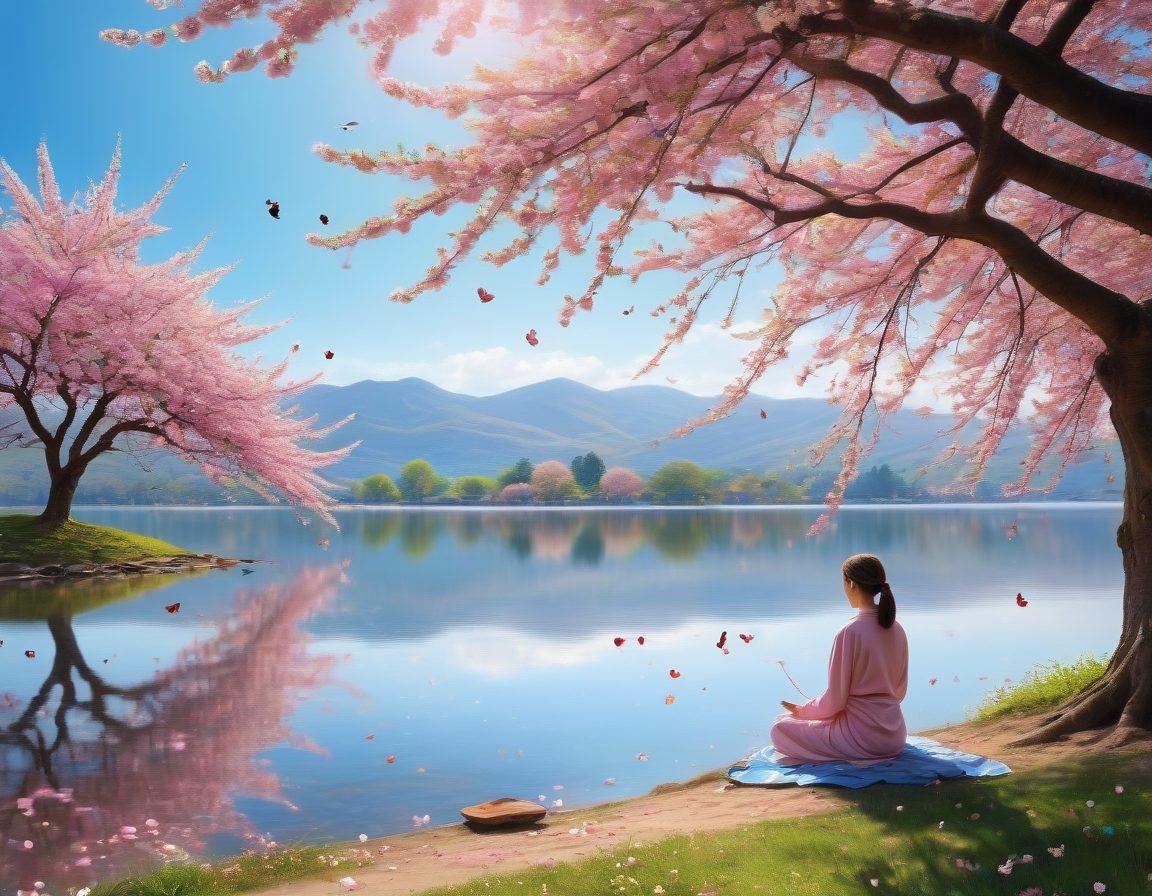 A serene landscape featuring a person meditating under a blooming cherry blossom tree, with soft sunlight filtering through the petals. Surrounding them are symbols of happiness like butterflies, floating musical notes, and colorful flowers, representing joy and contentment. The background showcases a peaceful lake reflecting a bright blue sky. pastel colors, serene, peaceful atmosphere.